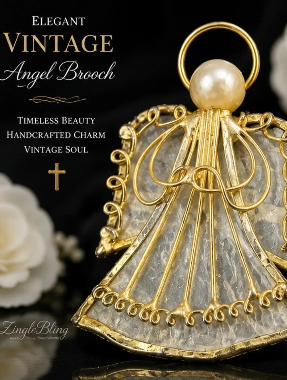 Vintage Capiz Shell Angel Brooch Gold Tone Wire Pearl Halo Christmas Pin